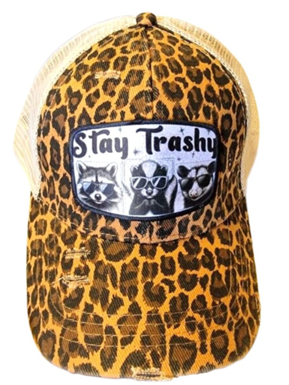 Stay Trashy Animal Print Western Style Custom Patch Criss Cross Ponytail Hat